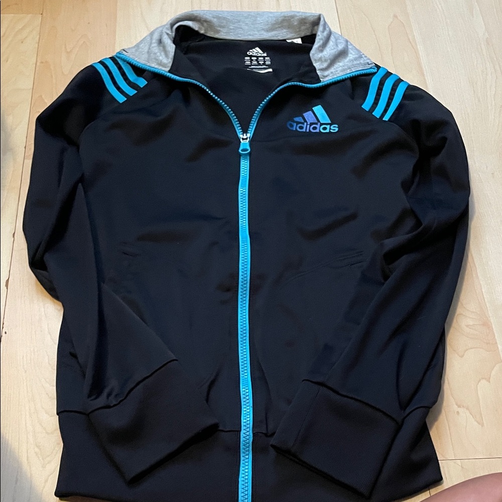 adidas Black Jacket with Blue Trim and Gray Collar Accent